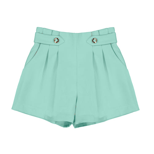 Mayoral Mint Crepe Shorts W/ Gold Flower Buttons