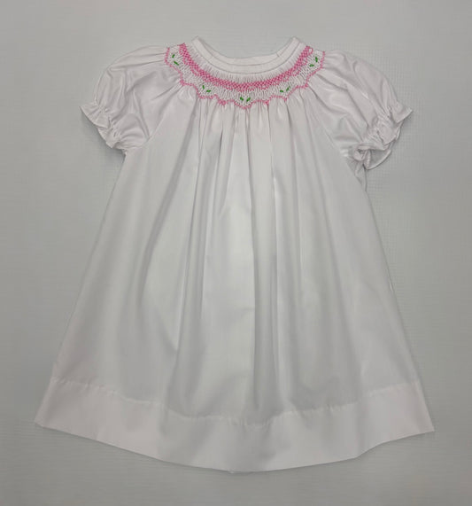 Rosalina English Bishop Daygown-White w/Bright Pink Smocking