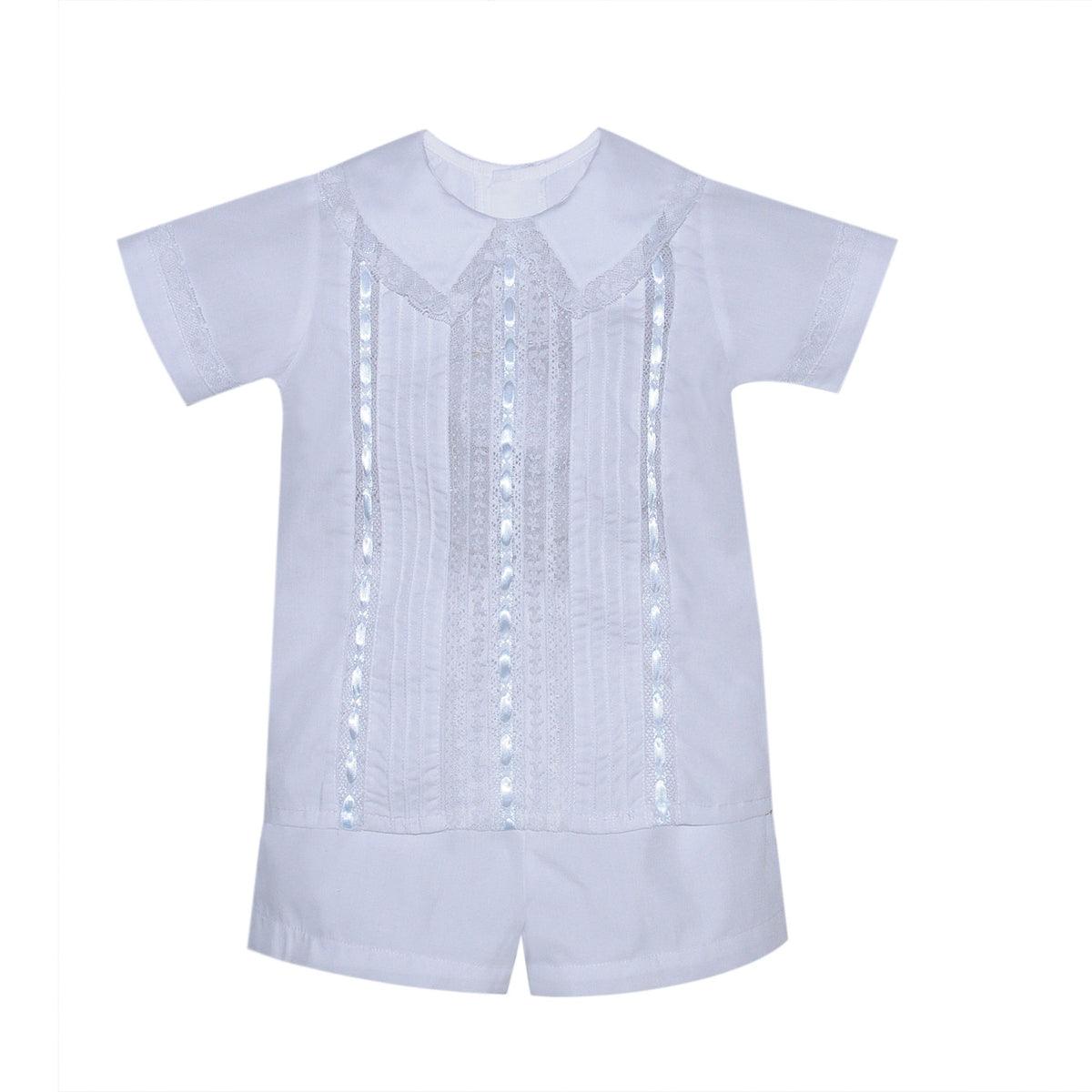 P & R Isaac Boy's Short Set w/ Blue Ribbon-White