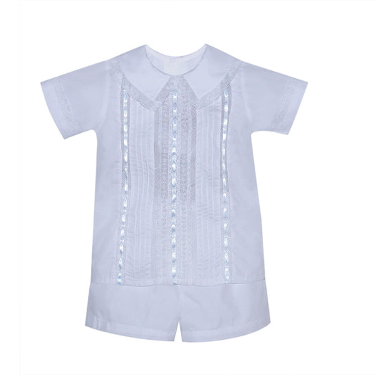 P & R Isaac Boy's Short Set w/ Blue Ribbon-White