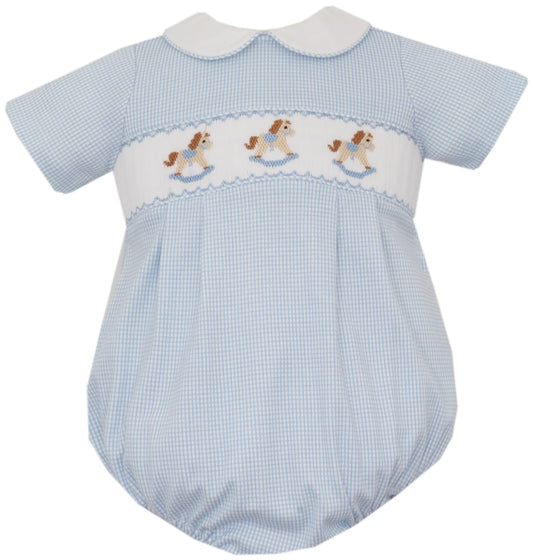 Petit Bebe Rocking Horse Blue Check Smocked Bubble
