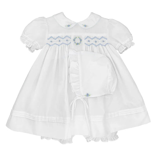 Petit Ami White Dress w/ Blue Emb & Smocking w/ Hat