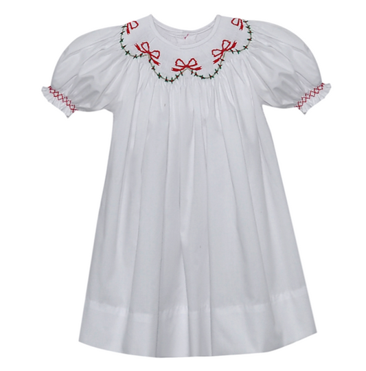 RN Cate Christmas Ribbons Smocked Bishop-White