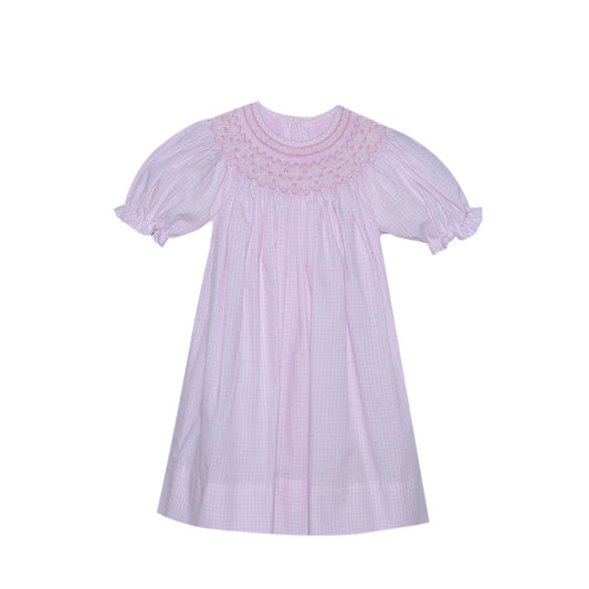 RN Savannah Pink Grid Smocked Bishop Dress