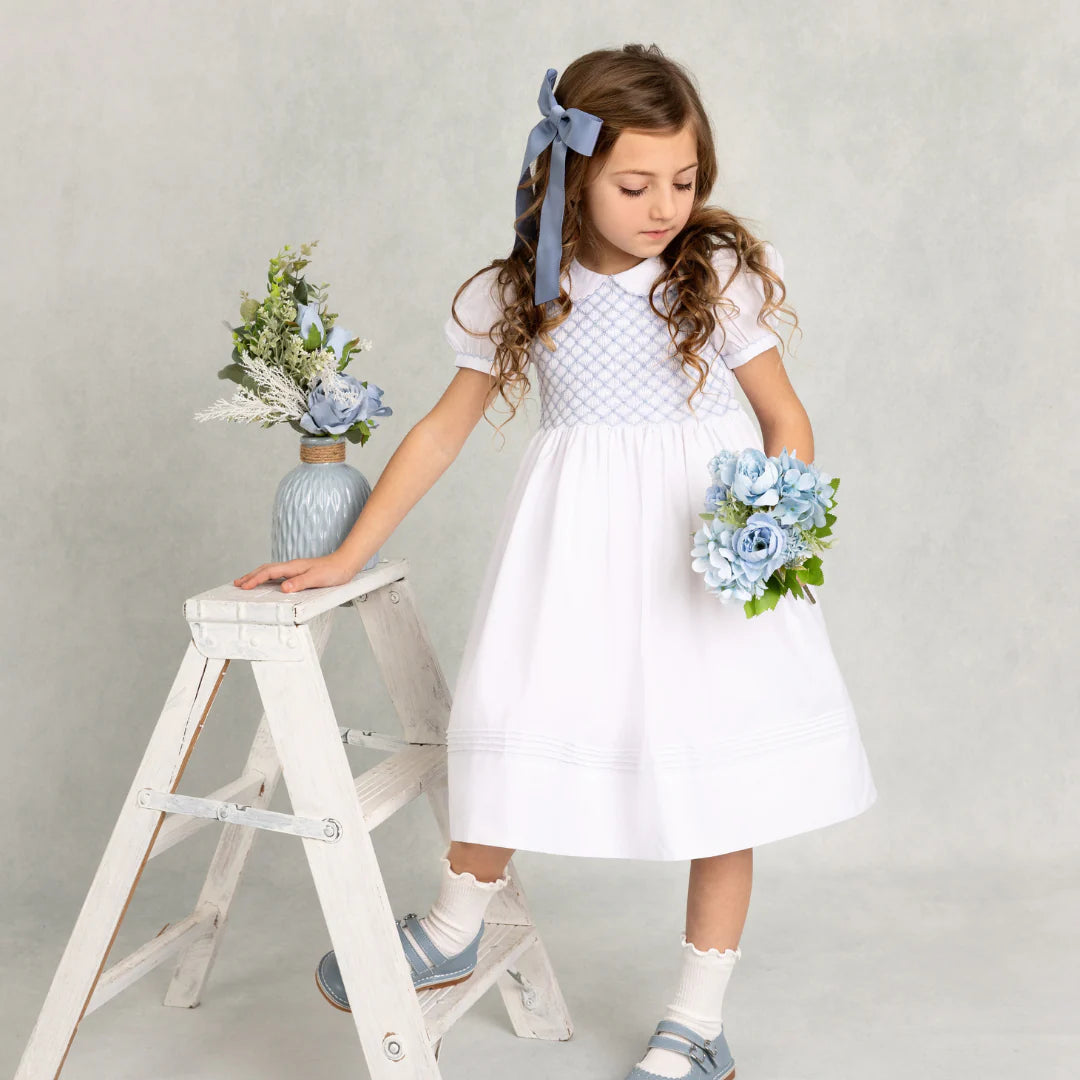 Feltman White/Blue Signature Smocked Dress