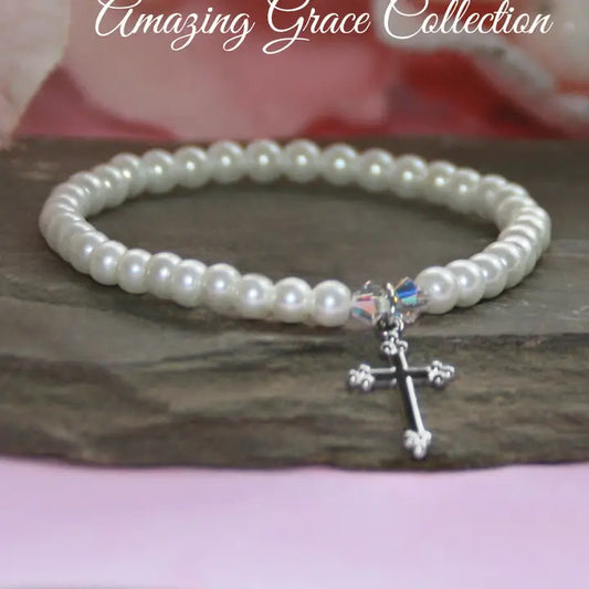 CA Classic Pearl with Rhodium Cross 6.5" Bracelet