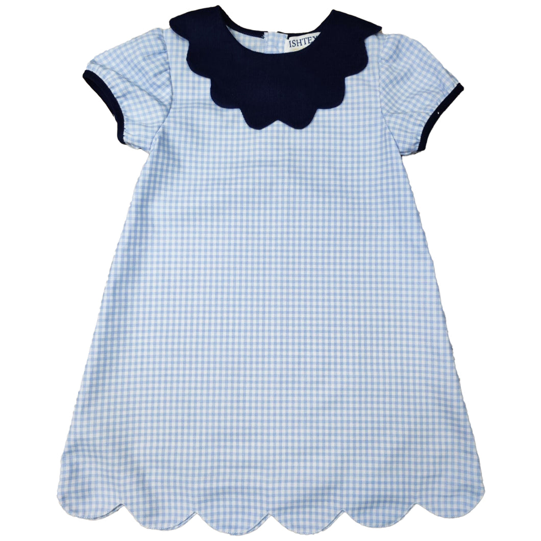 Ishtex Blue Plaid Dress w/ Navy Scallop Collar