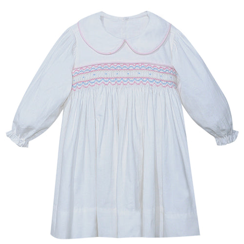 RN Blue/Pink Smocked L/S Francis Dress-White