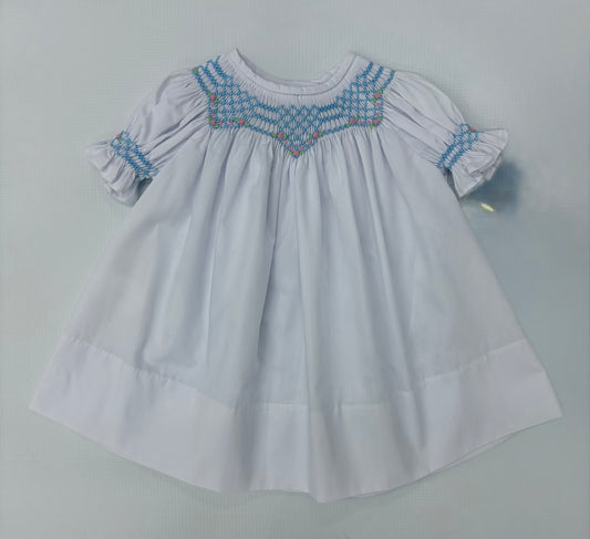 Rosalina Isabell Bishop Dress-White w/ Blue Smocking