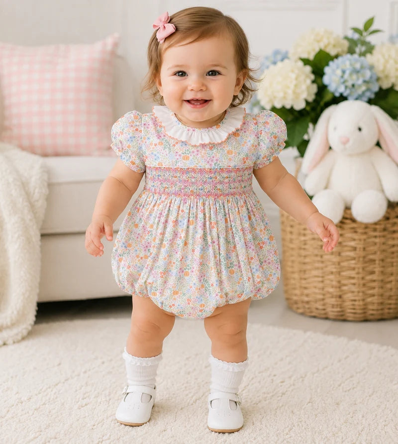 Petit Bebe Pumpkin Print Floral Girls S/S Bubble