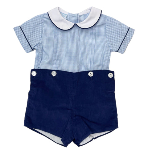 Petit Bebe Navy Corduroy/Lt. Blue Gingham  Button On