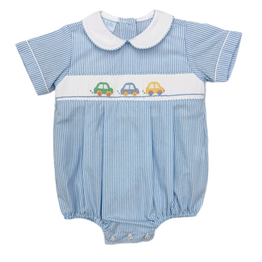 Petit Bebe Cars Smocked Blue Stripe Bubble