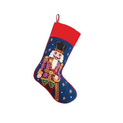 Nutcracker Needlepoint Christmas Stocking Navy/Red