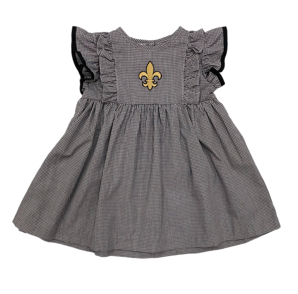 VLF Fleur de Lis Emb. Black Gingham Dress w/ Ruffle