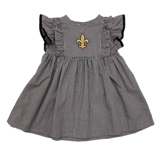 VLF Fleur de Lis Emb. Black Gingham Dress w/ Ruffle