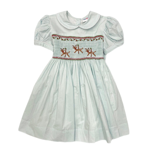 Lulu Bebe Reindeer Smocked Bodice Dress-Mint