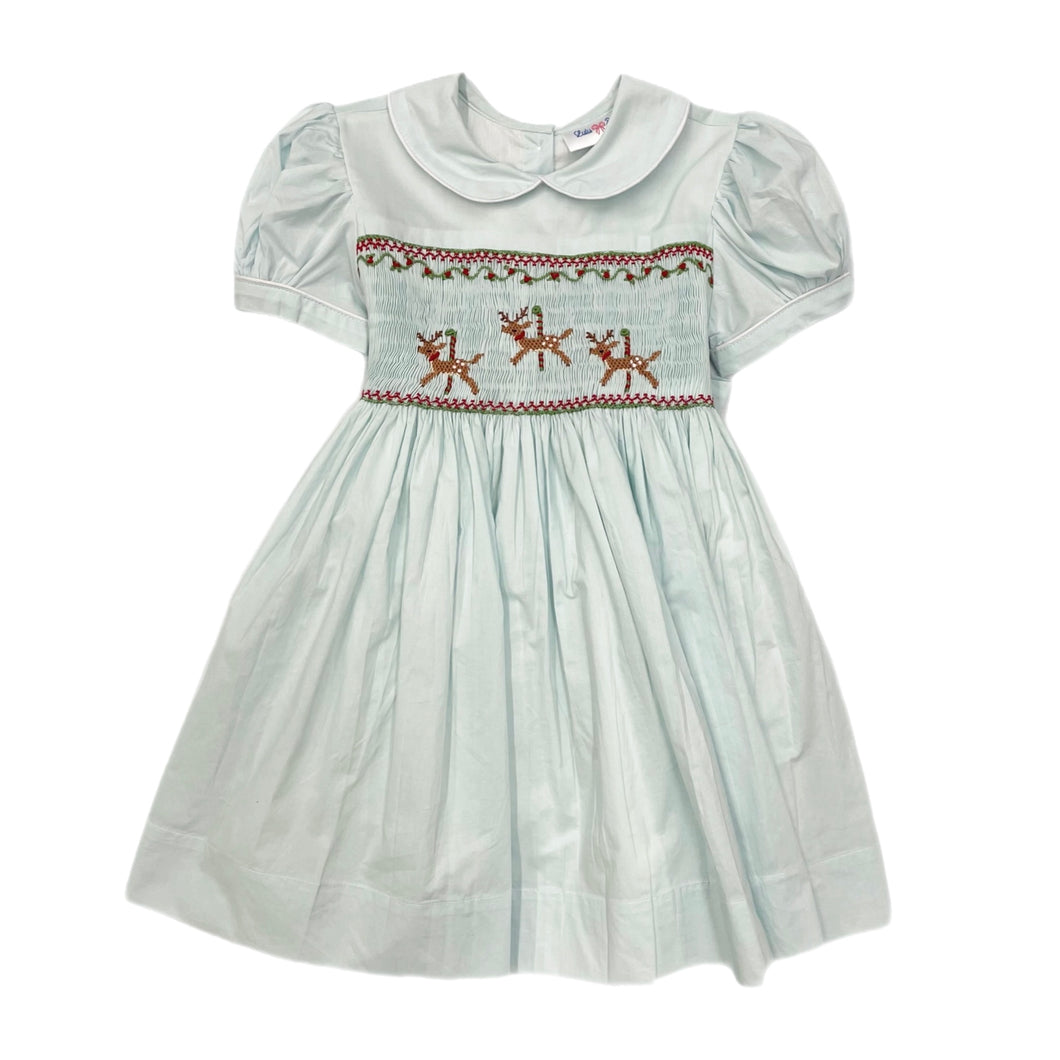 Lulu Bebe Reindeer Smocked Bodice Dress-Mint