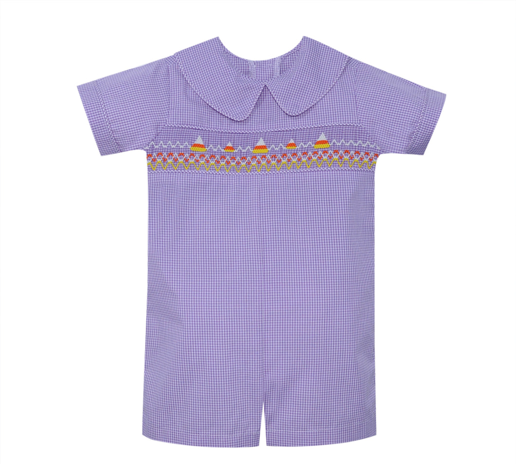 RN Candy Corn Smocked Romper-Purple