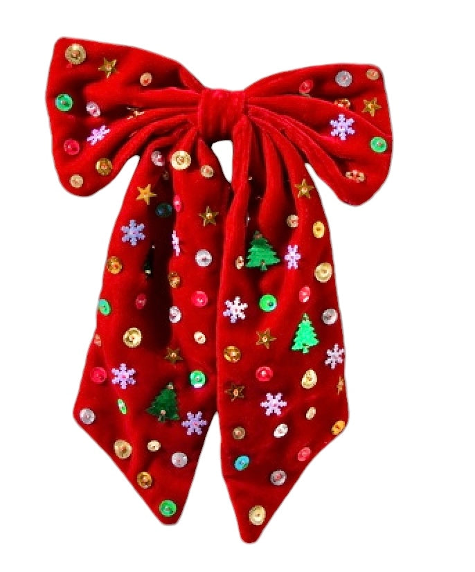 Holiday Sequin Velvet Long Bow