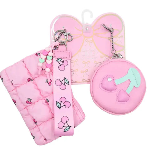 OMG Quilted Cherry 3 Piece Coin Purse Keychain Set