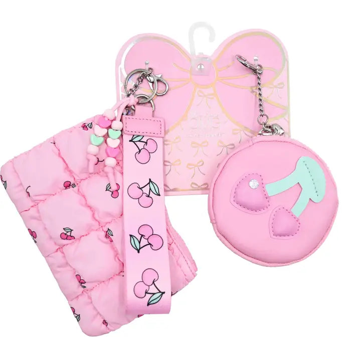 OMG Quilted Cherry 3 Piece Coin Purse Keychain Set
