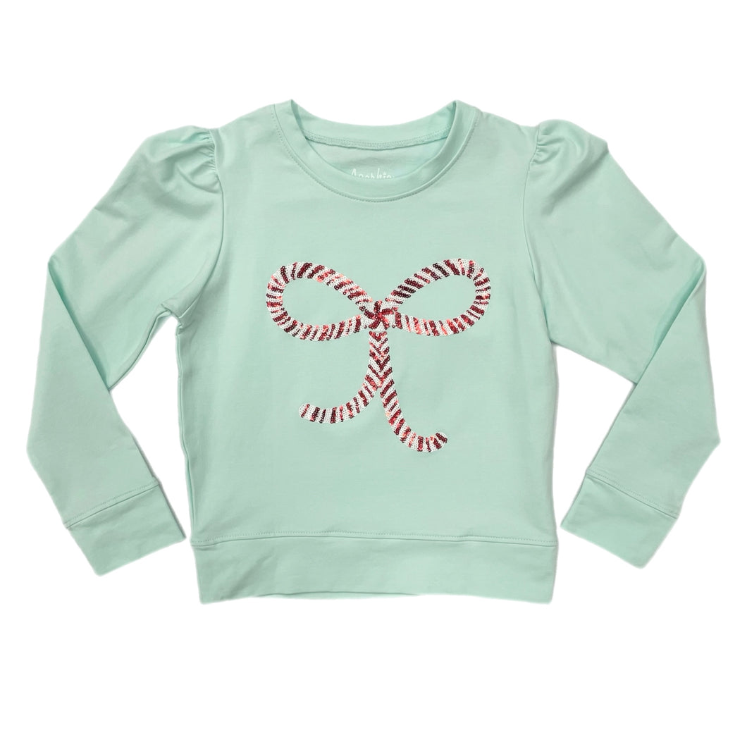 Azarhia Sequin Candy Cane Bow L/S Shirt-Mint