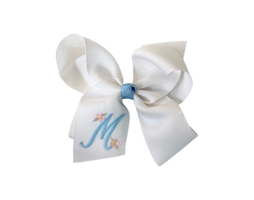 White Large Monogram Bow-Blue Letter/Flowers