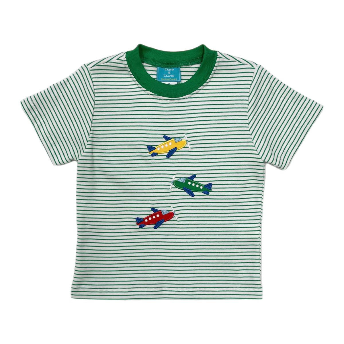 Claire & Charlie Airplanes Green/White Stripe T-Shirt