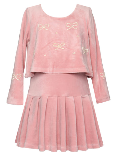 Hannah Banana Velour Dress w/ Pearl Bow-Pink