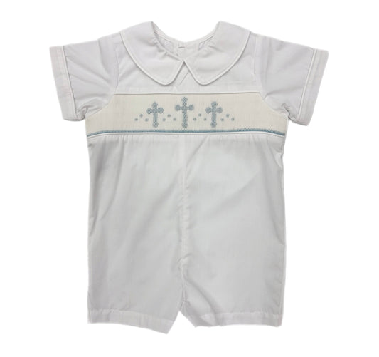 RN Williams Cross Smocked Romper-White/Blue