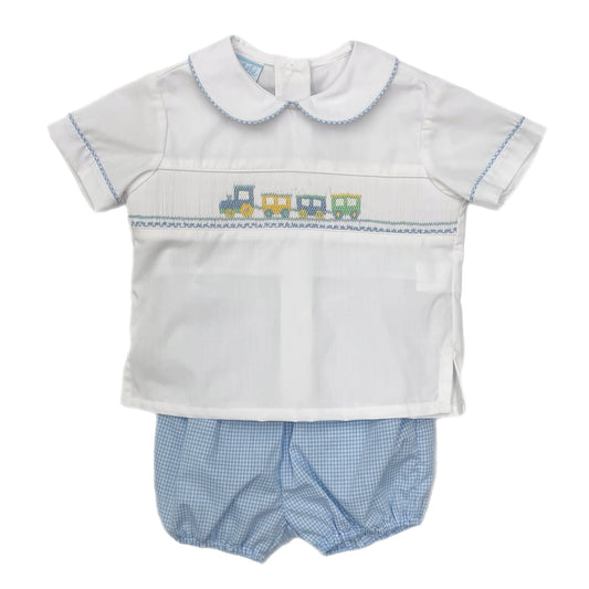 Petit Bebe Train Lt. Blue Gingham Diaper Set