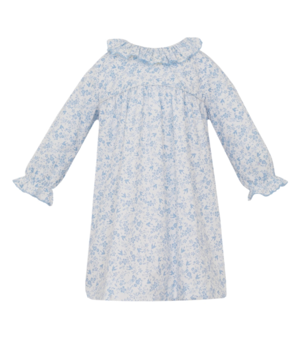 Petit Bebe Lt. Blue Bird Print Float Dress w/ Ruffle Collar