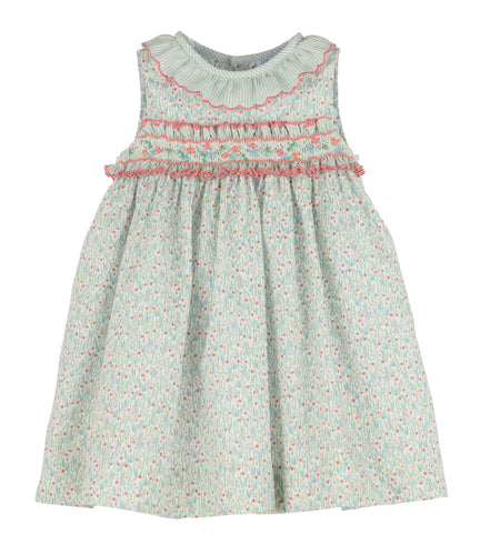 Luli & Me Tiny Tulips Green Smocked Dress