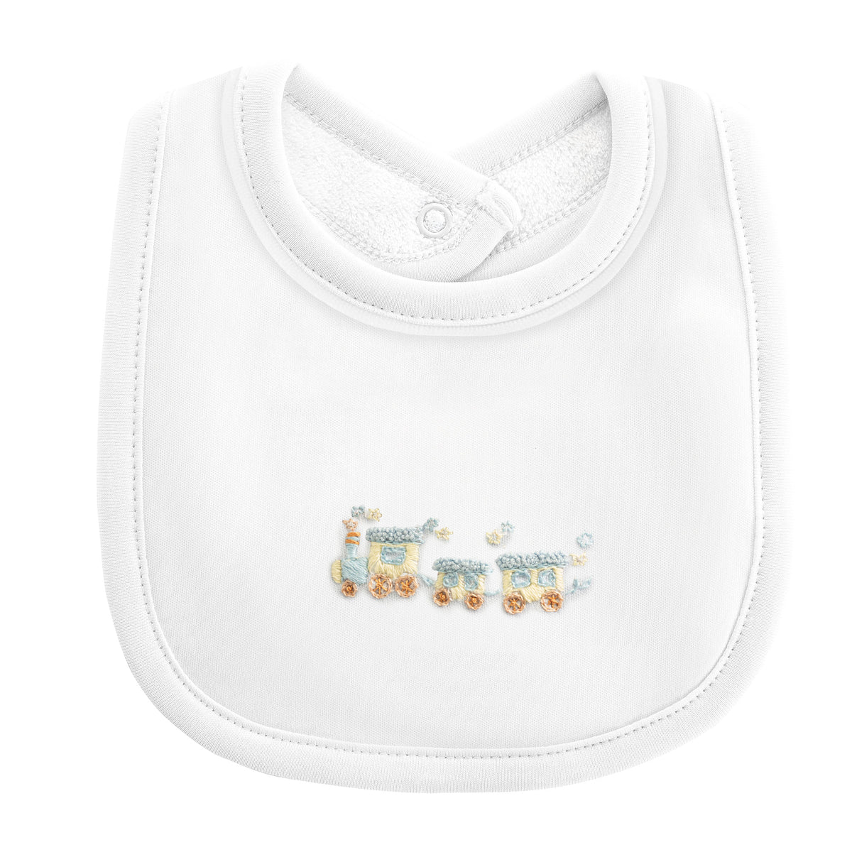 BCC Little Train Bib w/ Piping-White