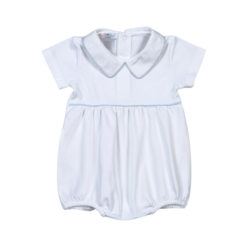 Baby Loren White Pima Boy Bubble w/ Blue Piping