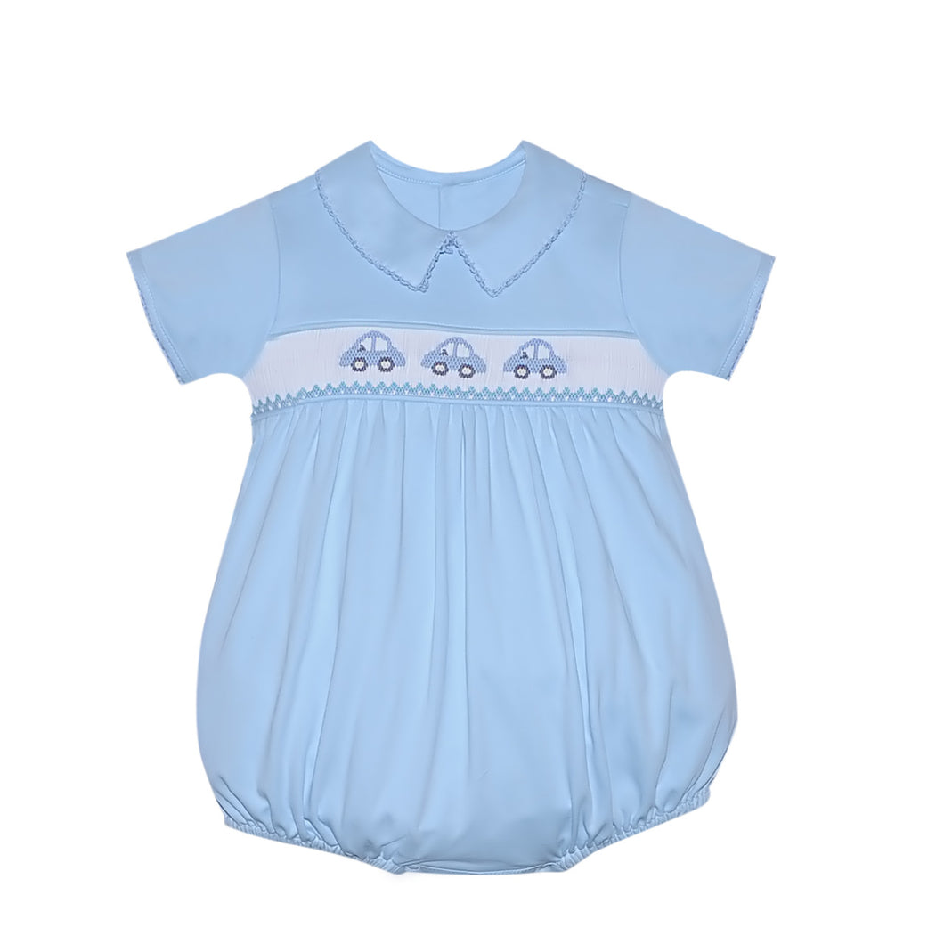 RN Blue Knit Cars Smocked Bubble