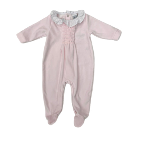 Babidu Smocked Velour Footie w/ Collar-Pink