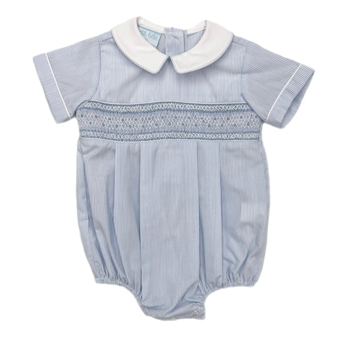 Petit Bebe Andre' Lt. Blue Pin Stripe Smocked Bubble