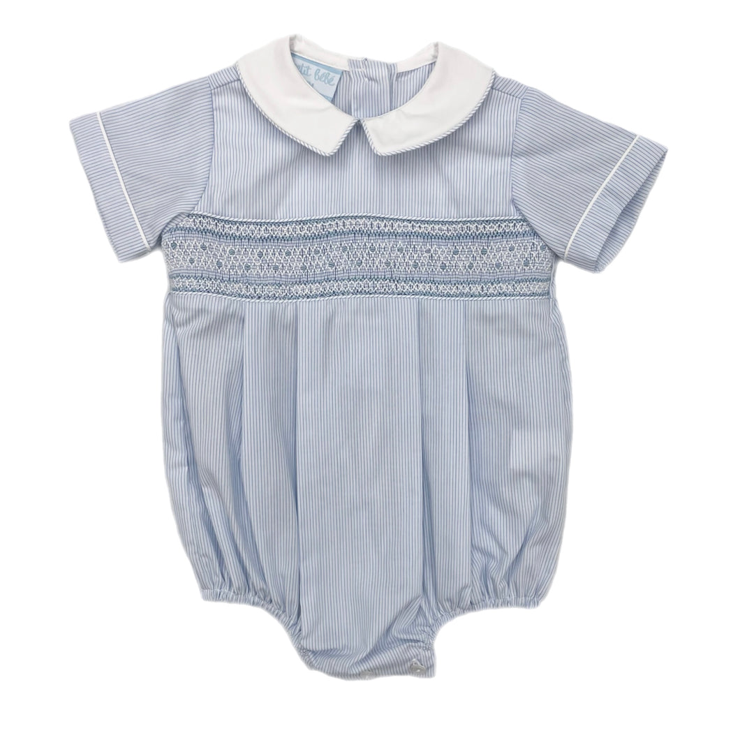 Petit Bebe Andre' Lt. Blue Pin Stripe Smocked Bubble