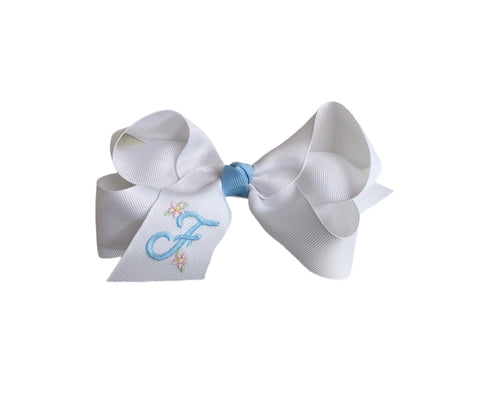 White Medium Monogram Bow-Blue Letter/Flowers