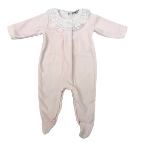 Babidu Velour Footie w/Lace Collar-Pink