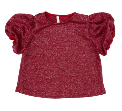 Good Girl Mink Lurex Balloon Sleeve Top-Red/Silver