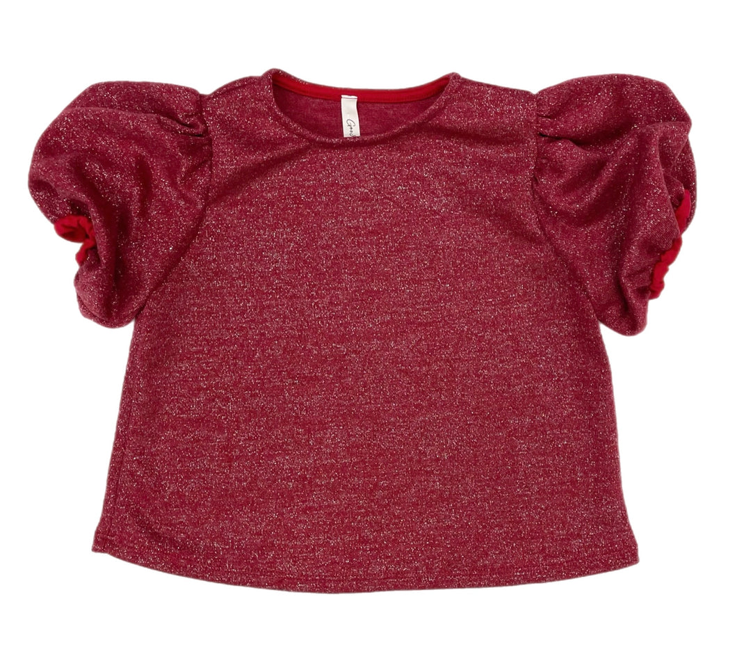 Good Girl Mink Lurex Balloon Sleeve Top-Red/Silver
