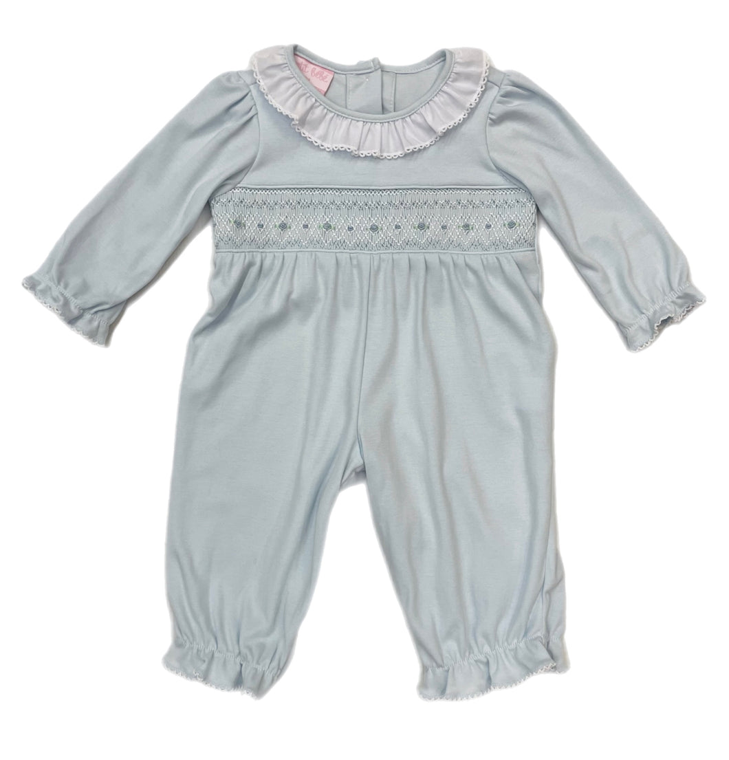 Petit Bebe Smocked L/S Girl's Romper-Lt. Blue