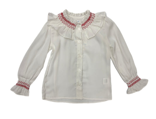 Lulu Bebe L/S Red Smocked Ruffled Collar Shirt-White