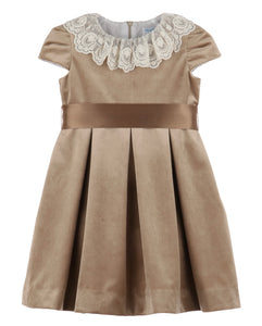 Luli & Me Deluxe Velvet Dress w/ Sash-Beige