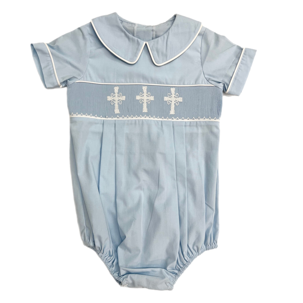 True Smocked Cross Boy Bubble-Blue