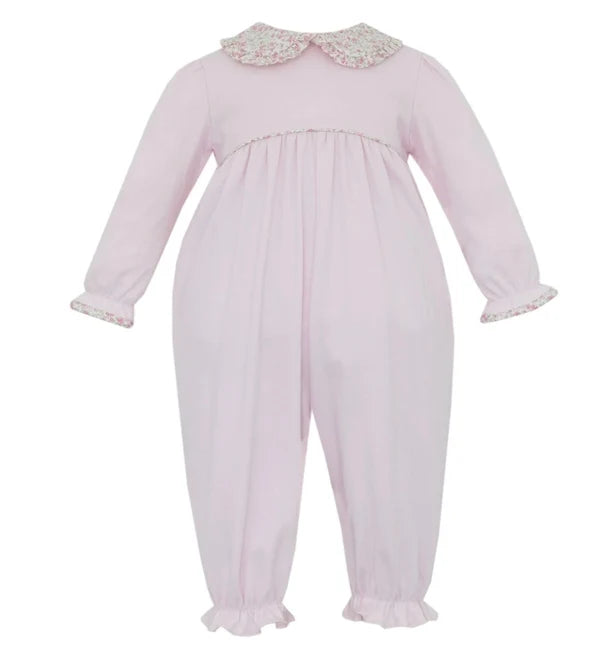 Petit Bebe Pink Knit Girls Long Romper w/ Floral Collar