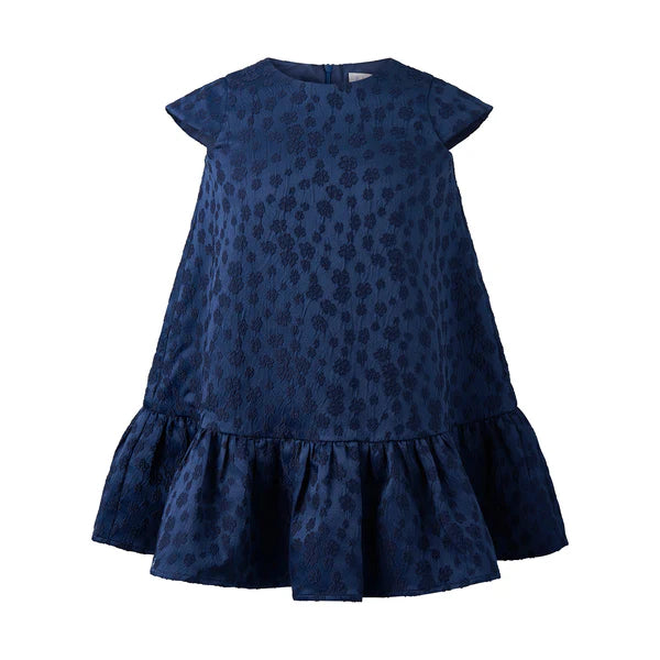 Rachel Riley Navy Petal Damask Drop Hem Dress