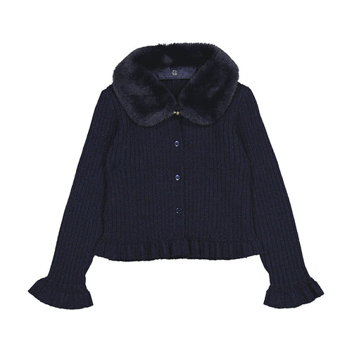 Mayoral Faux Fur Collar Cardigan